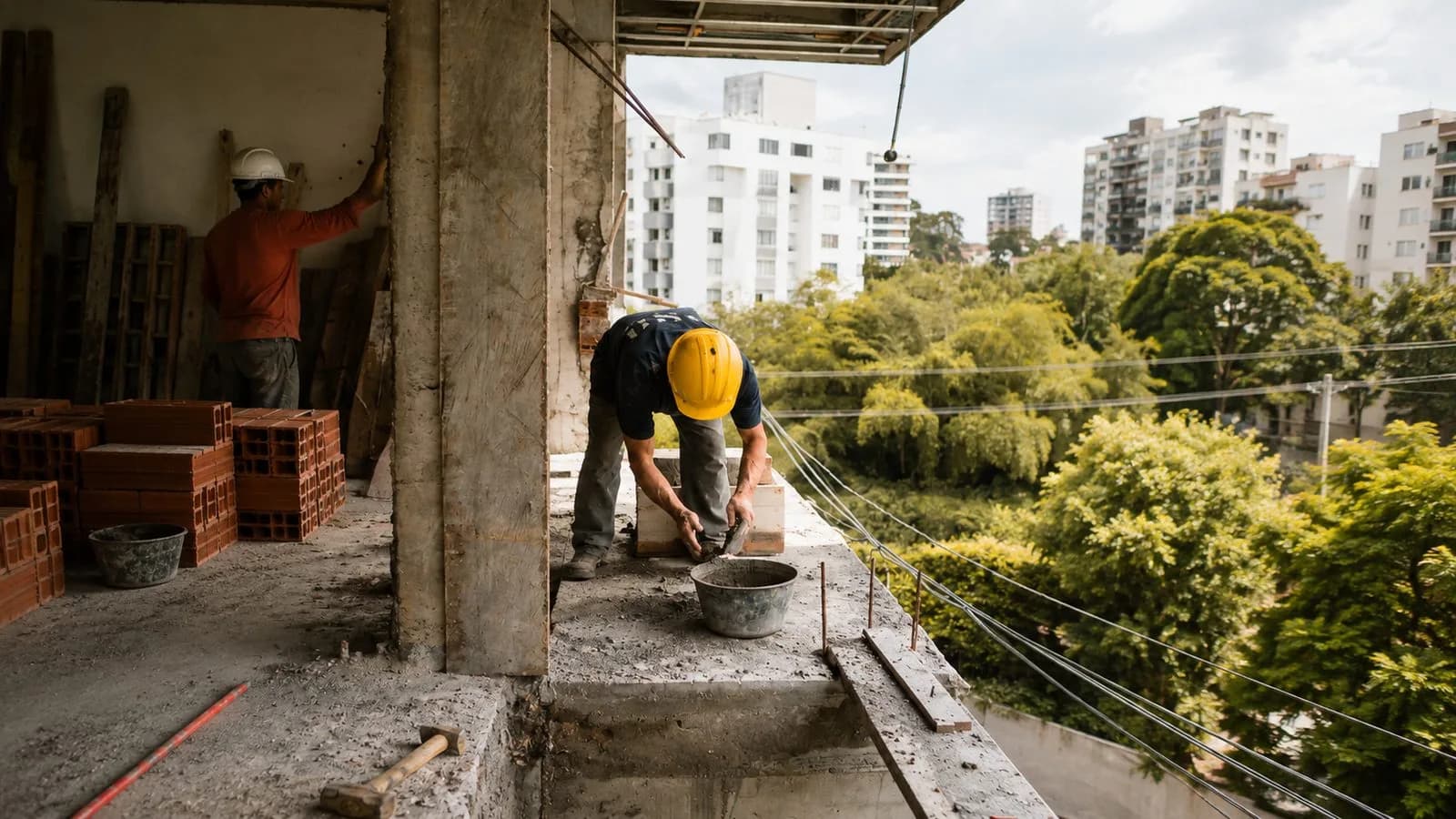 Dois operários a trabalhar numa laje de edifício em construção