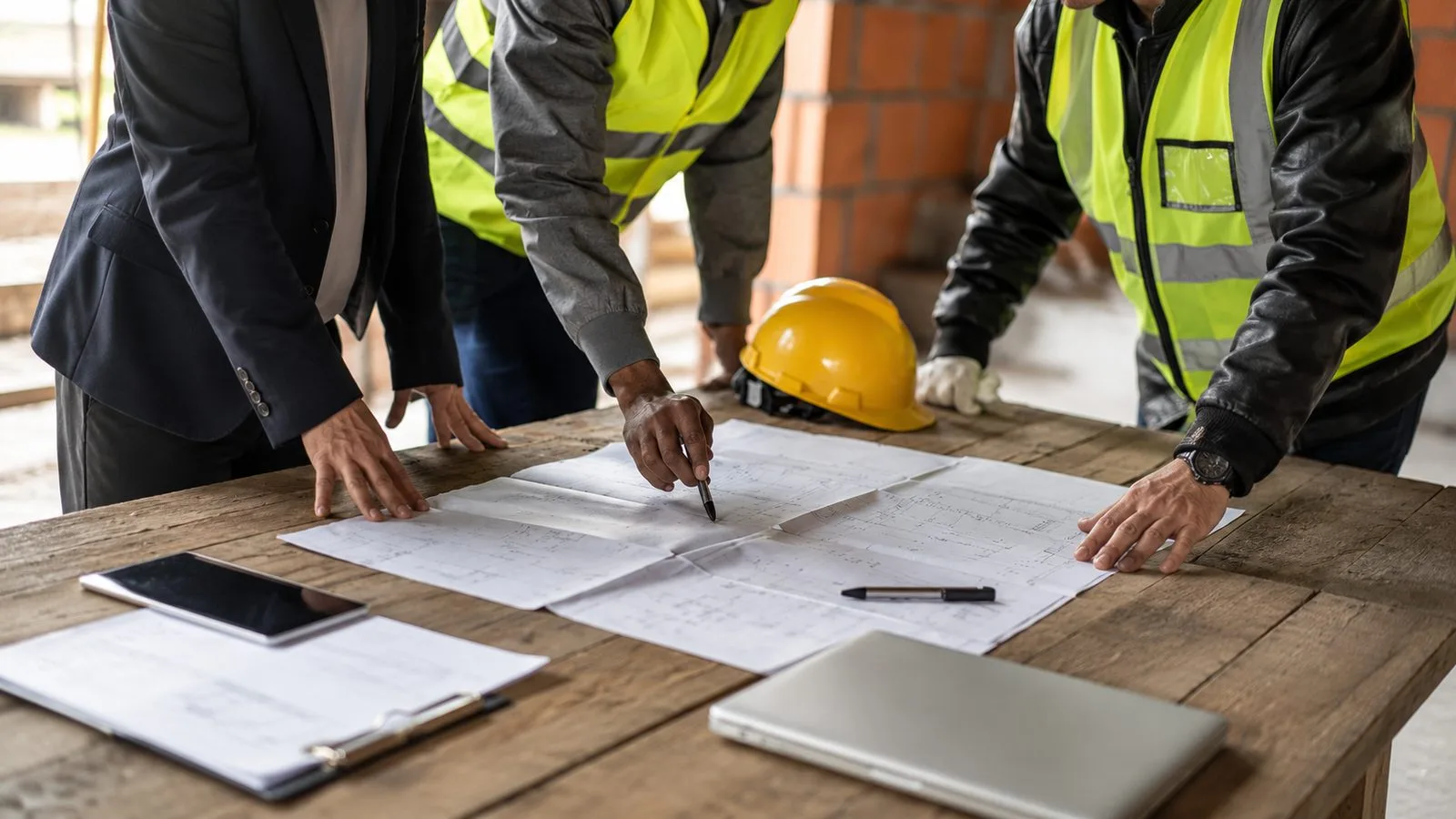 Equipa a analisar plantas de obra sobre uma mesa